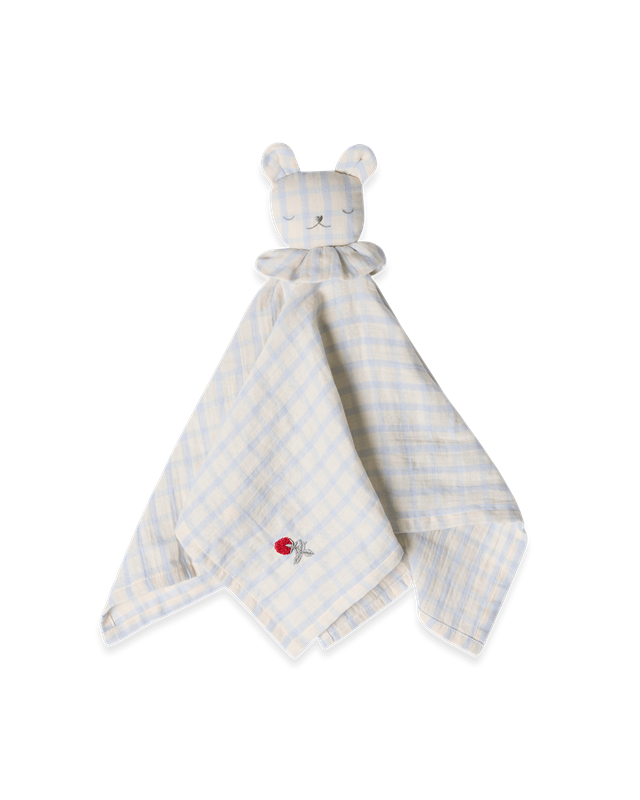 Garbo&amp;friends Muslin Bear Cuddle Cloth in Gingham Sky Blue, shown flat against a white background