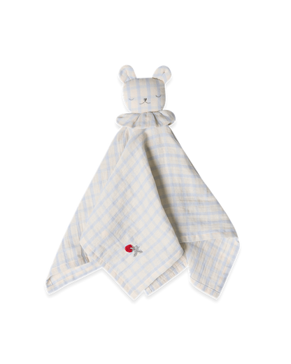 Garbo&amp;friends Muslin Bear Cuddle Cloth in Gingham Sky Blue, shown flat against a white background