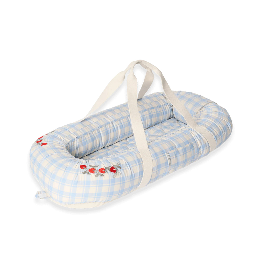 Baby nest with blue checkered pattern and white straps 