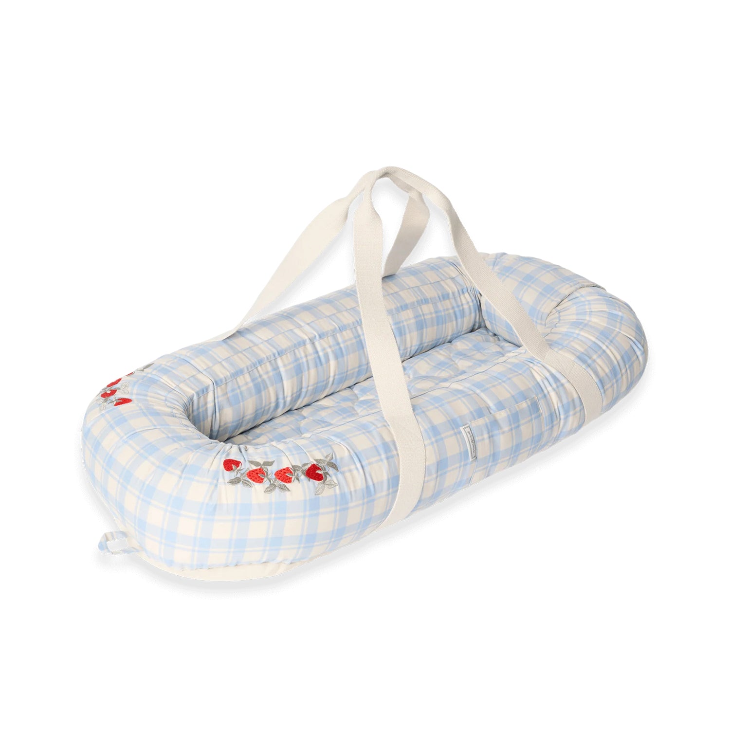 Baby nest with blue checkered pattern and white straps 