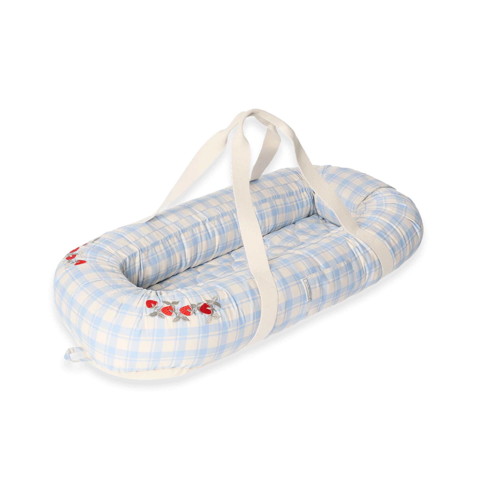 Baby nest with blue checkered pattern and white straps 