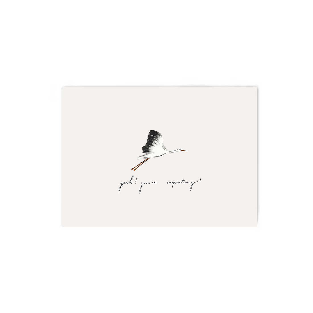 A square cream-colored greeting card featuring a black and white illustration of a flying heron with the handwritten text &