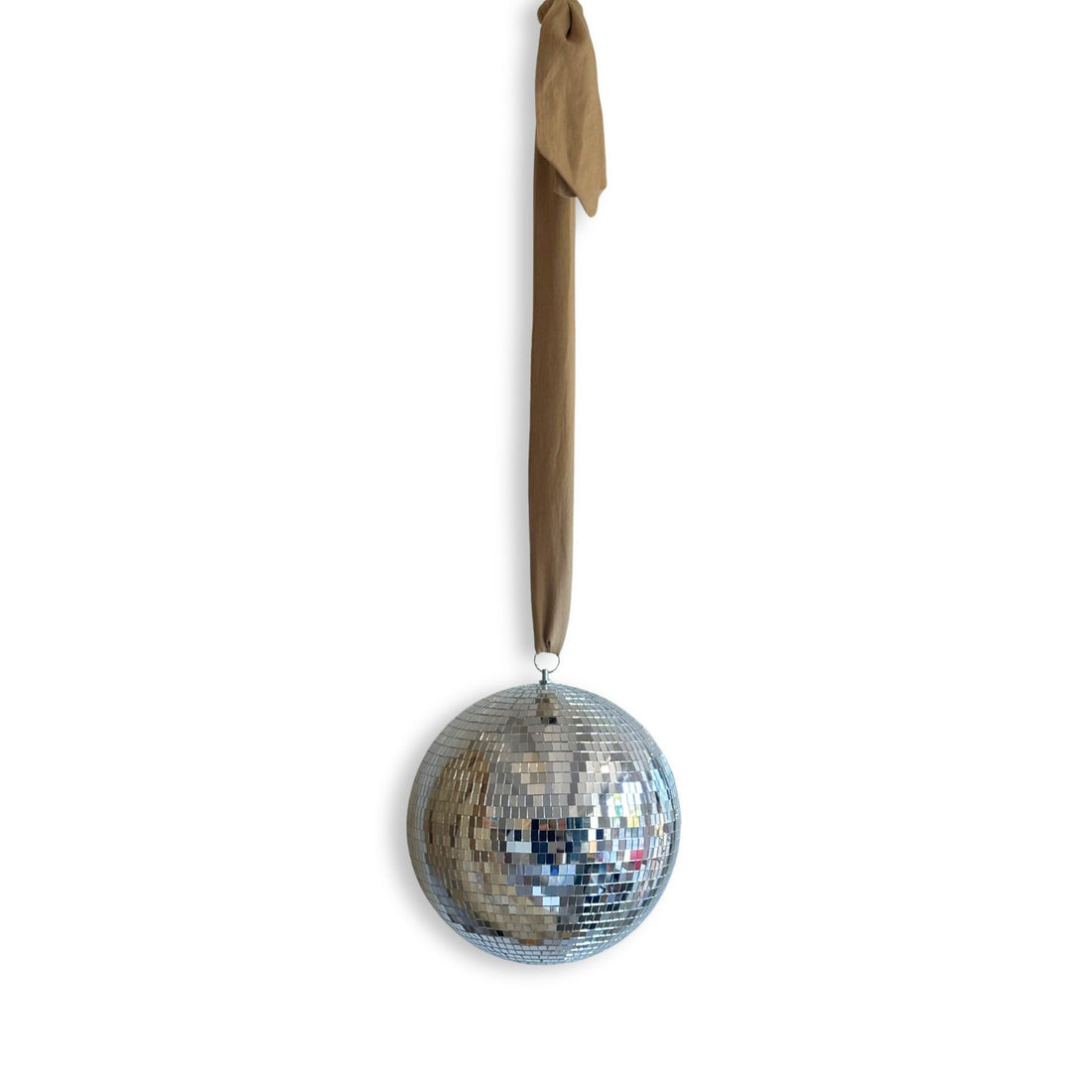 Hazel &amp; George Dazzling Disco Ball Large hanging from a camel ribbon, on a white background
