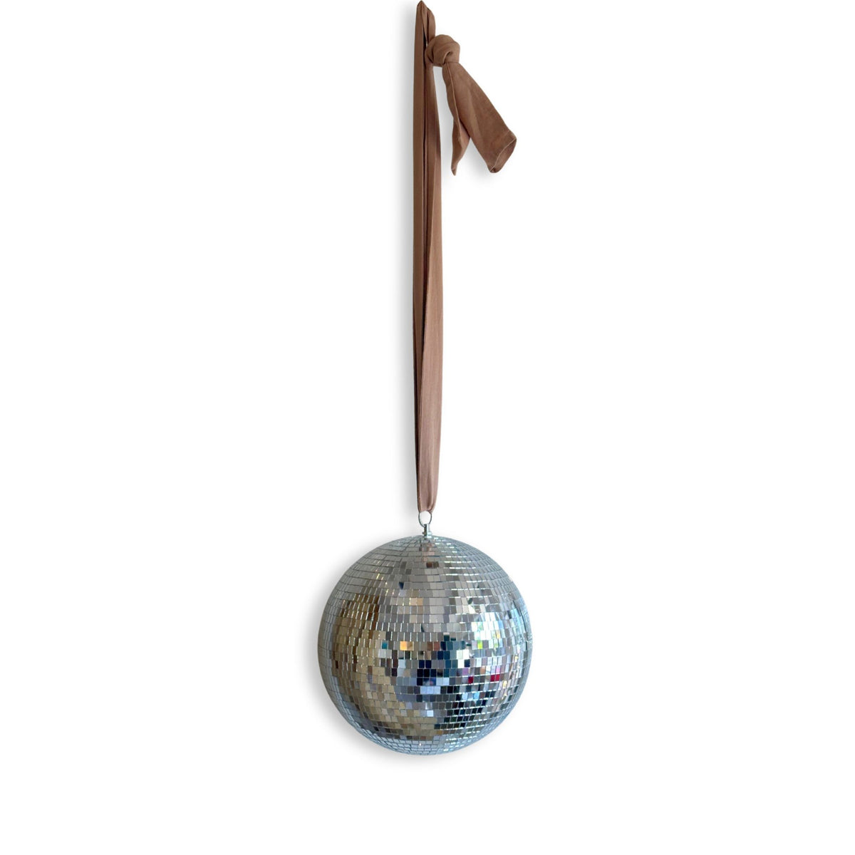 Hazel &amp; George Dazzling Disco Ball Large hanging from a rose ribbon, on a white background