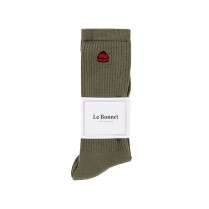 Green sock with brand logo