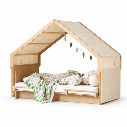 Oliver Furniture Camp Novel undyed embroidered house roof canopy shown on the oak bed against white