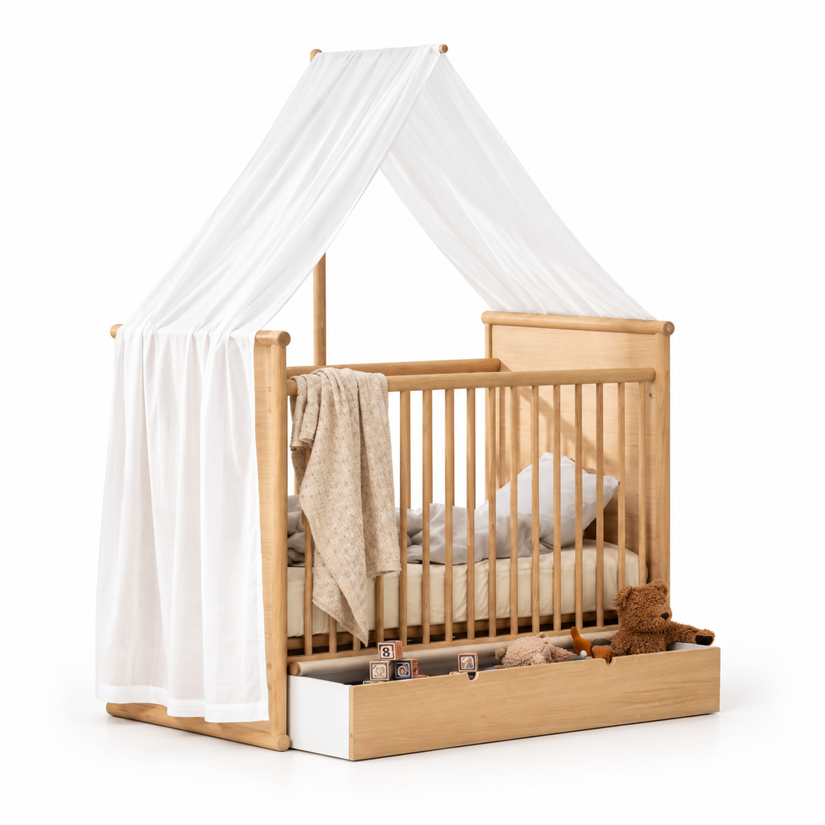 Oliver Furniture Camp Novel transparent white canopy shown on an oak cot against a white background
