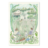 Hand-illustrated poster of a daytime pond scene by Forivor, showing a child studying tadpoles in a jar and a violin resting in the grass.