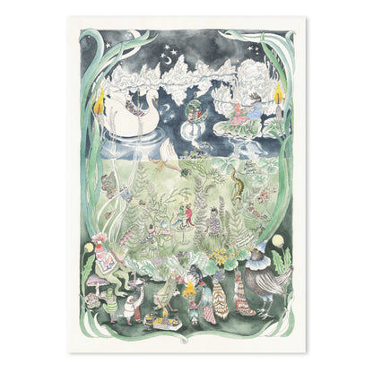 Hand-illustrated poster of a nighttime pond scene by Forivor, showing a frog and a swan-shaped boat carrying revellers to their midnight ball.