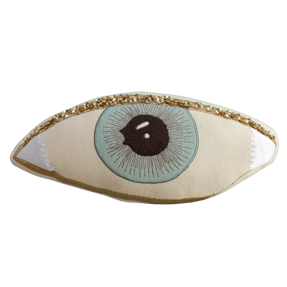embroidered and embellished handmade cushion of an eye by Skippy Cotton