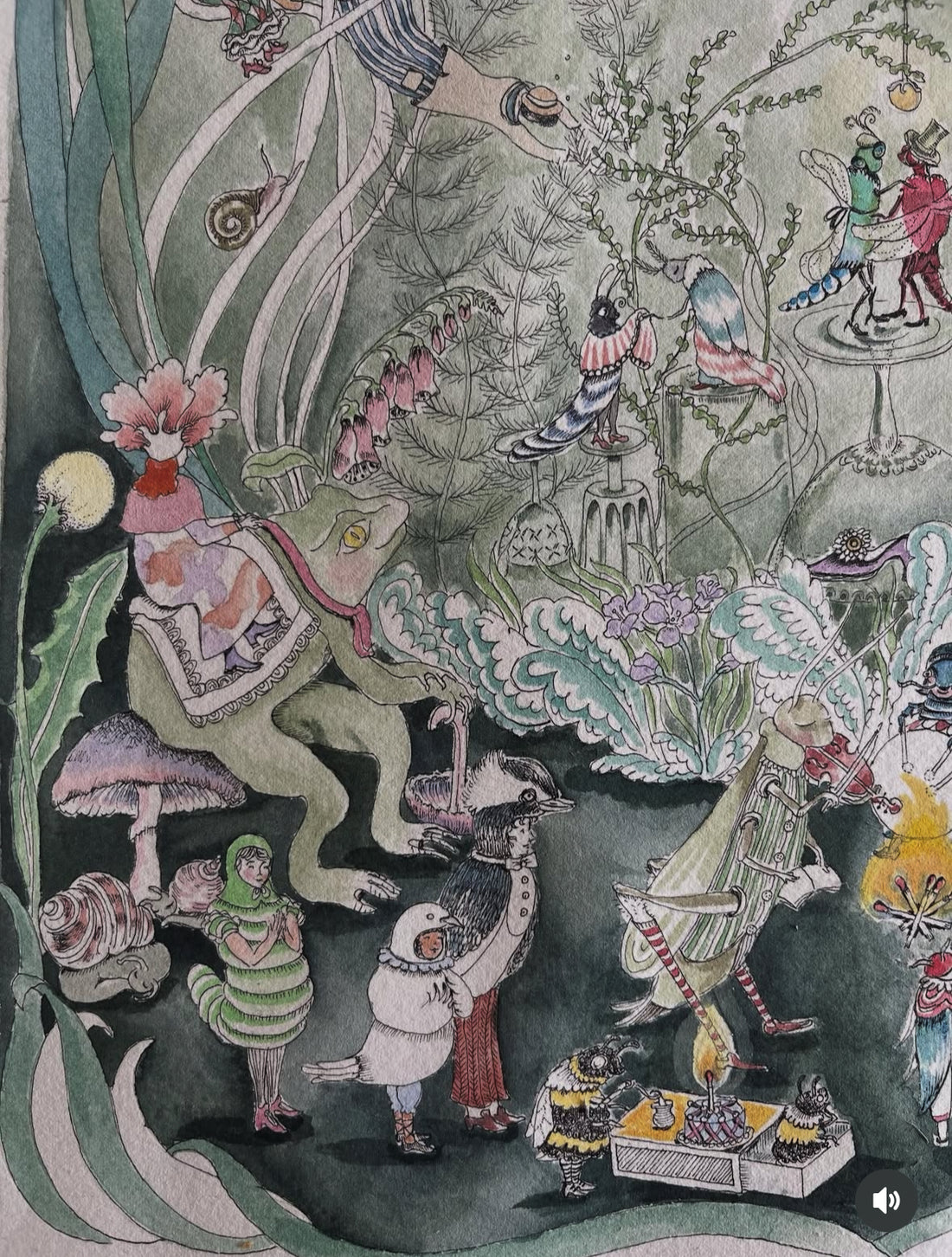 Hand-illustrated art print of a nighttime pond scene by Forivor, showing a frog, a swan-shaped boat carrying revellers, and children in caterpillar and butterfly costumes.
