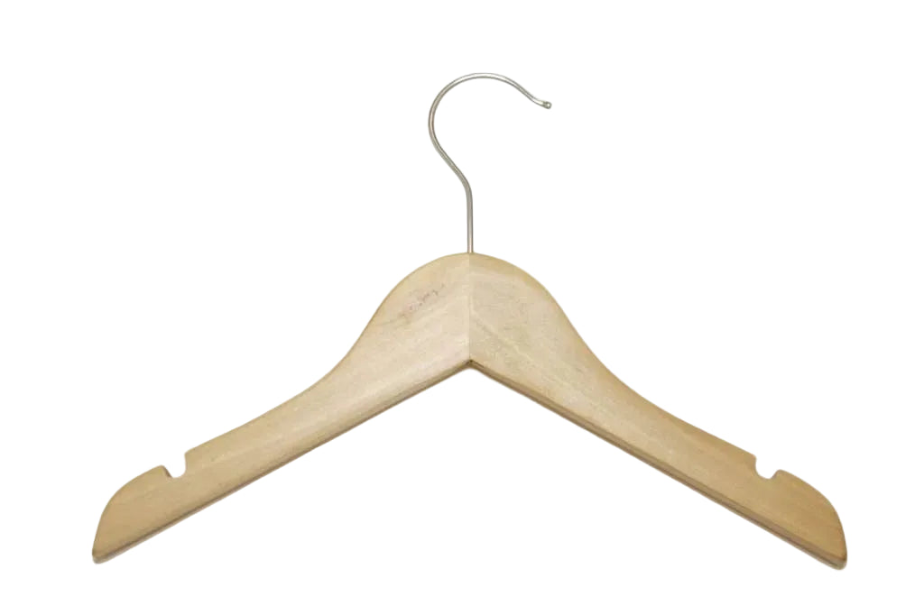 A light natural wood clothes hanger with a silver metal hook, shown against a plain white background.