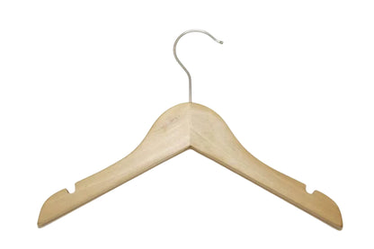 A light natural wood clothes hanger with a silver metal hook, shown against a plain white background.