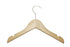 A light natural wood clothes hanger with a silver metal hook, shown against a plain white background.
