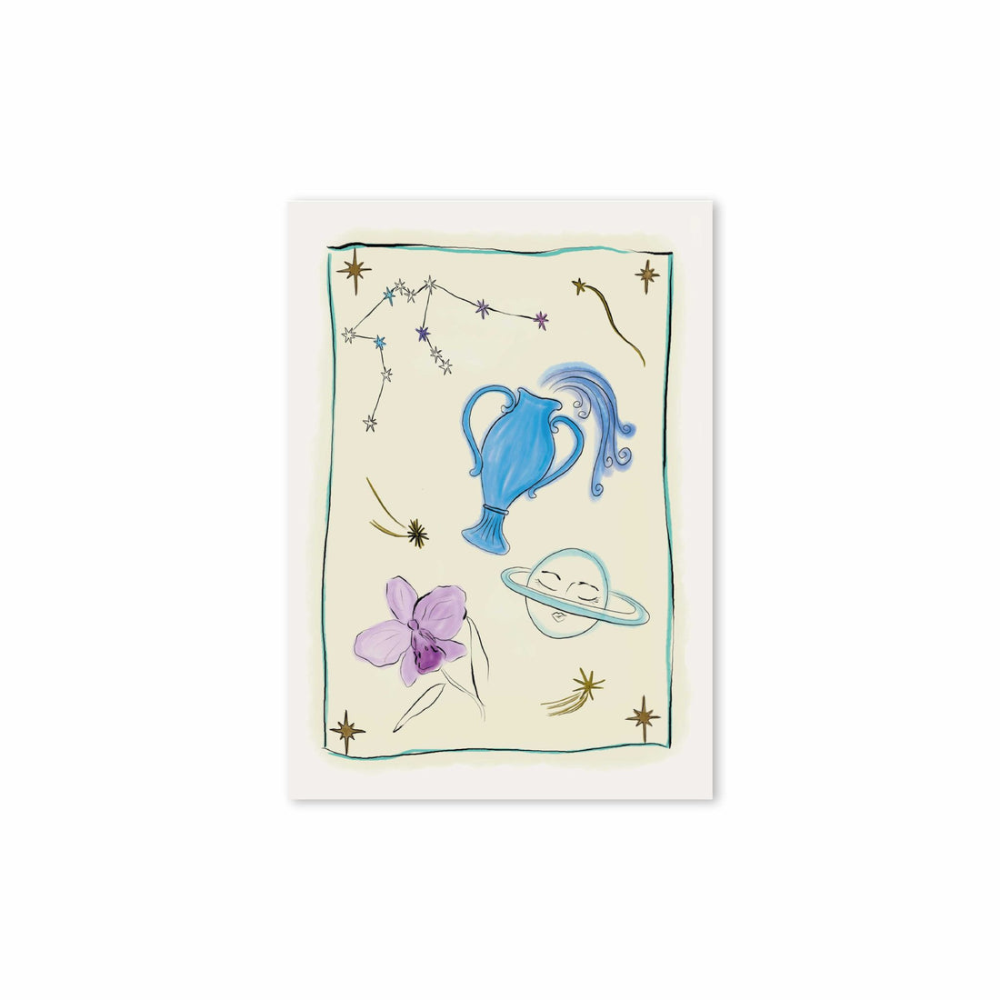 Hazel &amp; George Waterman-kaart met een blauwe waterkruik, de planeet Uranus, een paarse bloem en sterren op een lichte achtergrond met groene rand