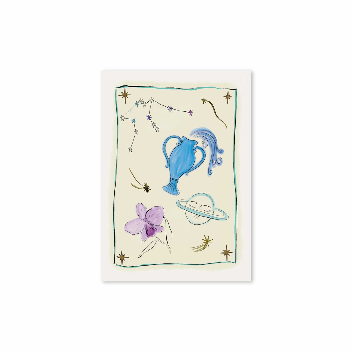 Hazel &amp; George Waterman-kaart met een blauwe waterkruik, de planeet Uranus, een paarse bloem en sterren op een lichte achtergrond met groene rand