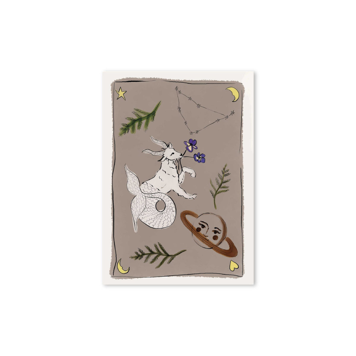 Hazel &amp; George Steenbok-kaart met een steenbok, de planeet Saturnus en bloemen op een taupe achtergrond