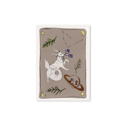Hazel &amp; George Steenbok-kaart met een steenbok, de planeet Saturnus en bloemen op een taupe achtergrond