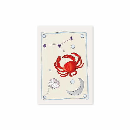 Hazel &amp; George Kreeft-poster met een rode krab, een zilveren maansikkel, een witte roos en sterren, op een lichte achtergrond met blauwe rand