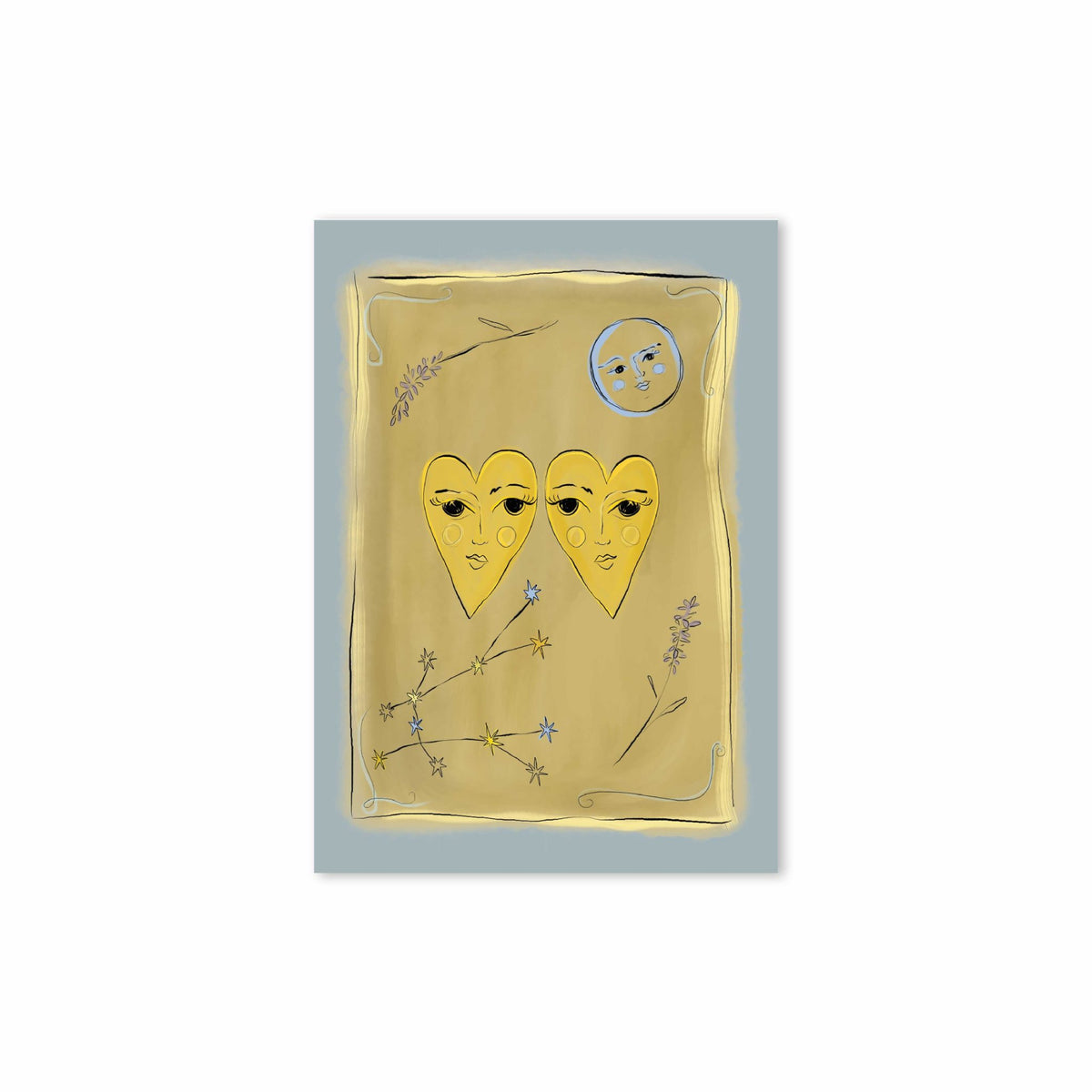 Hazel &amp; George Tweelingen-poster met twee gouden hartvormige gezichten naast elkaar, een kleine maan en twijgjes lavendel op een mosterdgele achtergrond met grijsblauwe rand