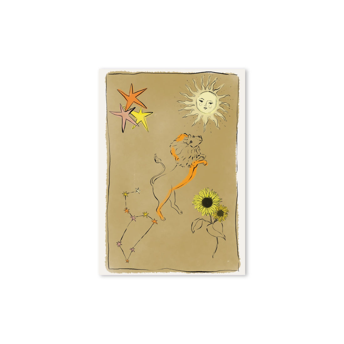 Hazel &amp; George Leeuw-poster met een leeuw, zon, sterren en zonnebloemen op een olijfgroene achtergrond