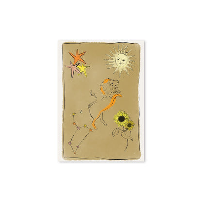 Hazel &amp; George Leeuw-poster met een leeuw, zon, sterren en zonnebloemen op een olijfgroene achtergrond