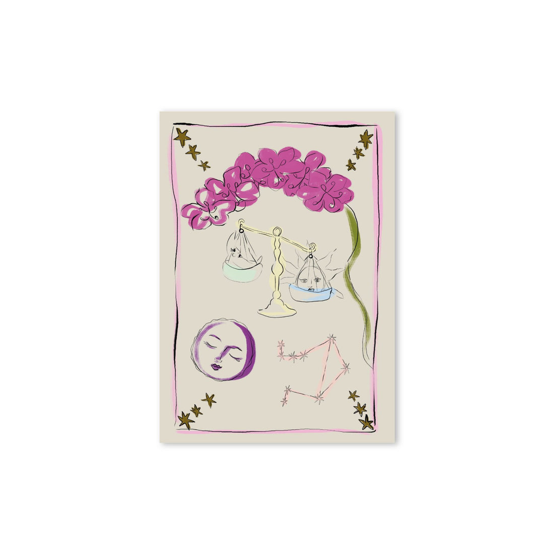 Hazel &amp; George Weegschaal-kaart met een weegschaal, orchideeën en een maangezicht op een lichte achtergrond met roze rand