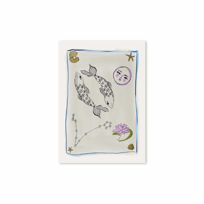 Hazel &amp; George Vissen-poster met twee gevlekte vissen, een maangezicht en een lotusbloem op een lichte achtergrond met blauwe rand