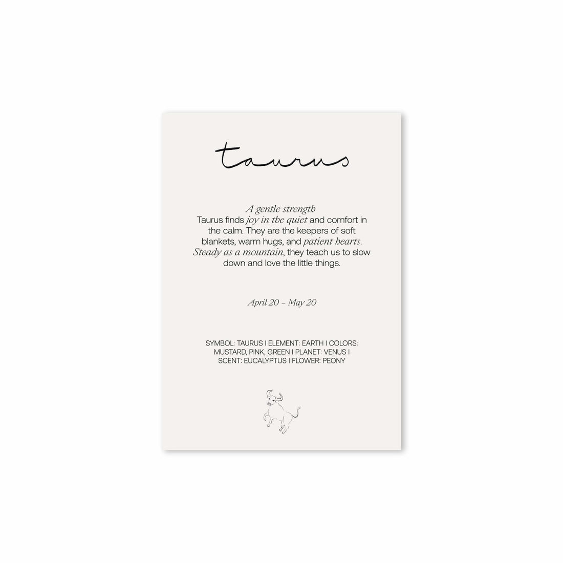 Back of the Hazel &amp; George Taurus card with the text &
