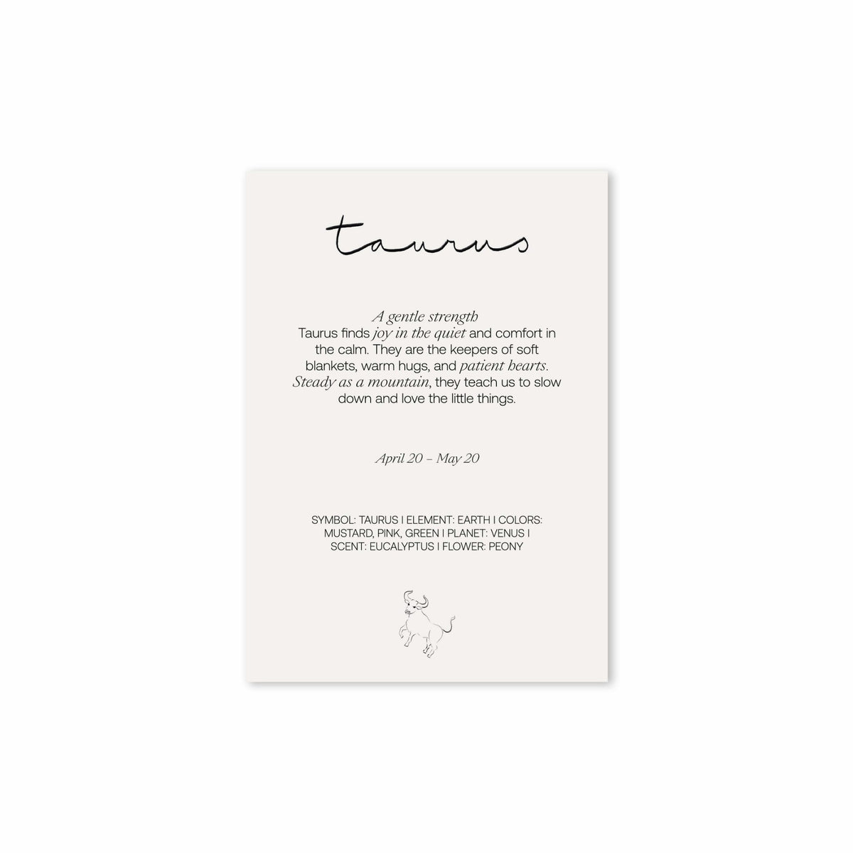 Back of the Hazel &amp; George Taurus card with the text &