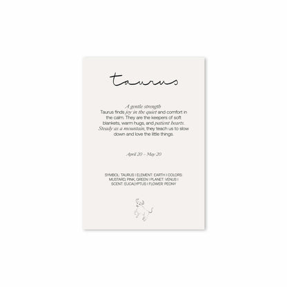 Back of the Hazel &amp; George Taurus card with the text &