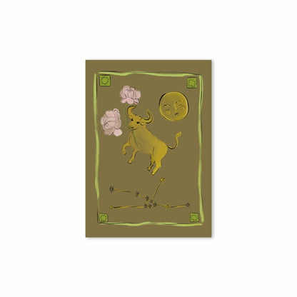 Hazel &amp; George Taurus card featuring an illustration of a golden bull among clouds and a moon, with the constellation outlined below, on an olive green background