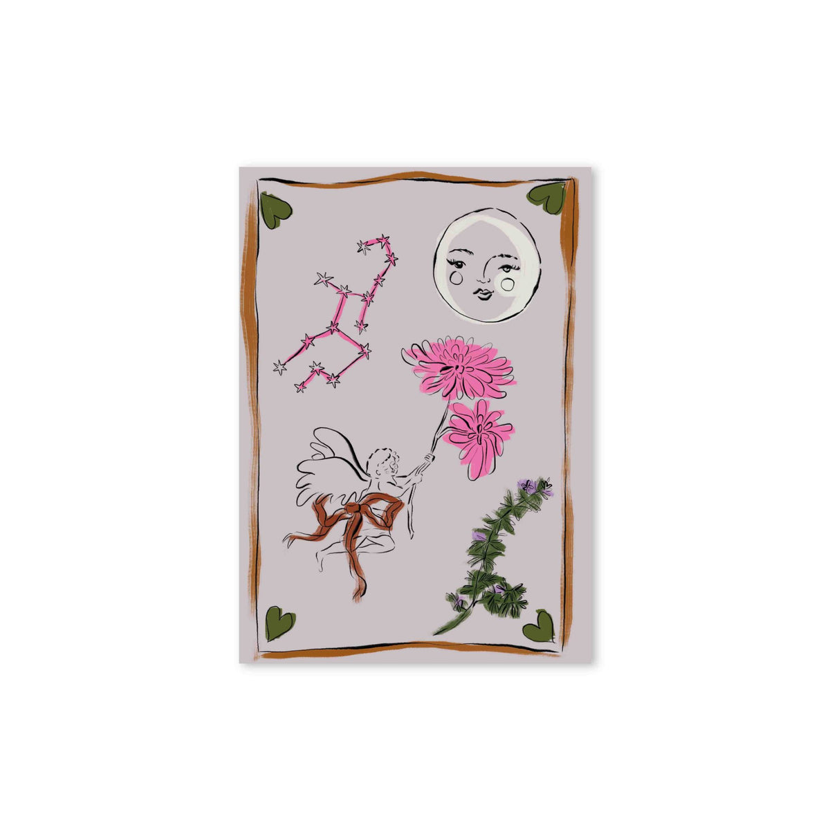 Hazel &amp; George Maagd-poster met een engel die roze bloemen vasthoudt, een maangezicht en het sterrenbeeld Maagd, op een lila achtergrond