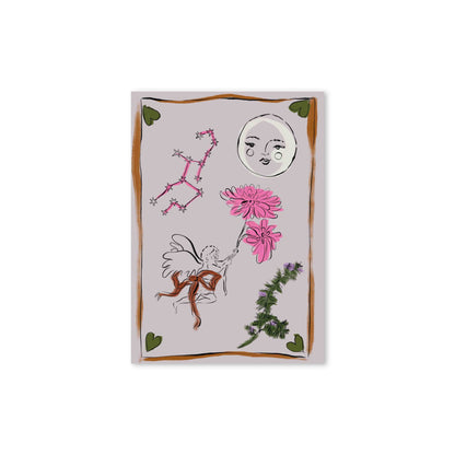 Hazel &amp; George Maagd-poster met een engel die roze bloemen vasthoudt, een maangezicht en het sterrenbeeld Maagd, op een lila achtergrond