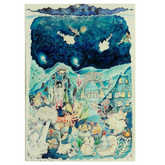 A reversible muslin blanket with a marine life theme illustrated on it, featuring fish, sea grasses, marine mammals, and mollusks, with a night sky depicted on the other side.