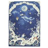 A hand-illustrated large muslin blanket with a design featuring children, trees, animals, and a night sky.