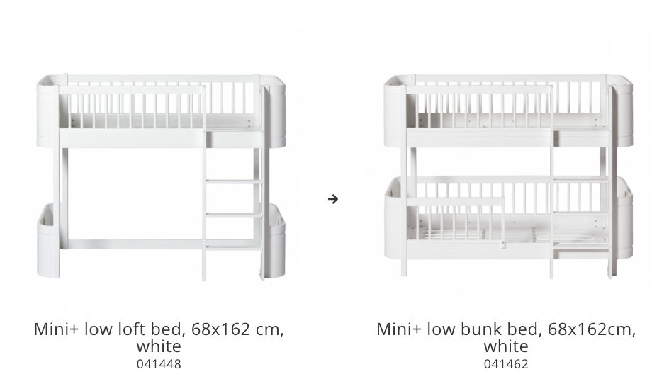 Wood Conversion set Mini+ low loft bed to low bunk bed - white