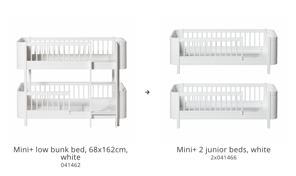 Wood Conversion set Mini+ low bunk bed, white to Mini+ 2 junior beds, white