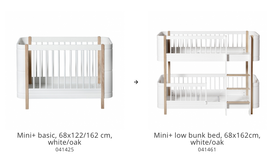 Mini+ Basic &amp; Sibling Kit | Mini+ Basic To Mini+ Low Bunk Bed | White/Oak