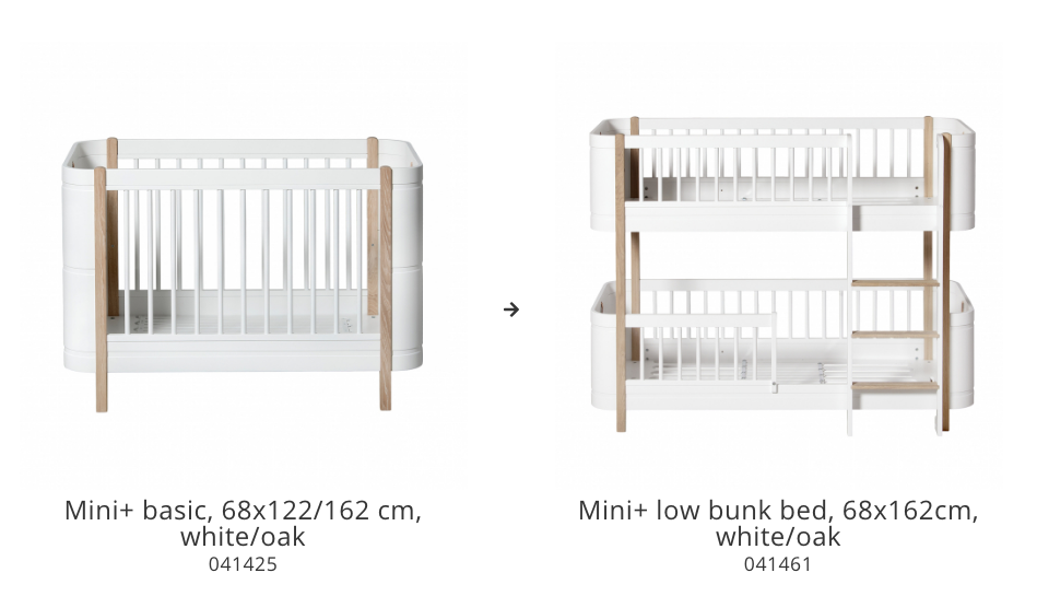 Mini+ Basic &amp; Sibling Kit | Mini+ Basic tot Mini+ Laag Stapelbed | Witte eik