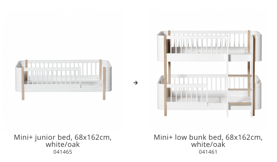 Ombouwset hout | Mini+ Junior Bed Naar Laag Stapelbed | Witte eik